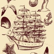 Seamless vector pattern with ship shells and sea-gulls