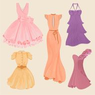 Vector collection of fashionable elegant dresses for girl