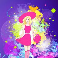 fashion woman in pink dress over colorful pain splash