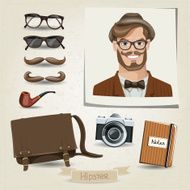 Icon set of hipster man with her accessories