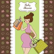 baby announcement card with beautiful pregnant woman on shopping N19