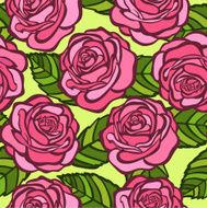seamless background Pink roses with green leaves old style