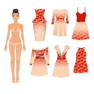 Vector set of different beige and red Valentine&#039;s Day dresses