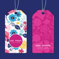 Vector fairytale flowers vertical round frame pattern tags set