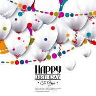 Vector birthday card with white balloons and colorful confetti