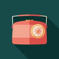 Red vintage radio flat square icon with long shadows