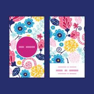 Vector fairytale flowers vertical round frame pattern business cards set
