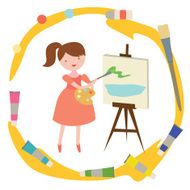 Illustration with girl artist in cartoon style frame from tools