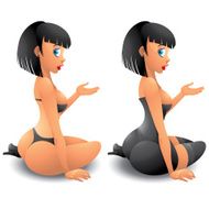 Brunette girl cartoon character presenting isolated