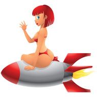 Red hair girl riding rocket ship isolated N2