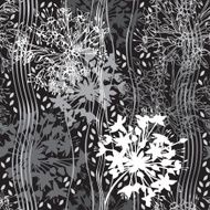 Monochrome seamless pattern of abstract flowers on black background