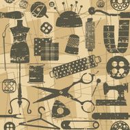 Beige retro seamless pattern background with sewing and tailoring symbols
