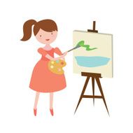 The girl the artist draws a landscape on canvas