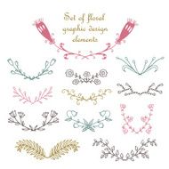 Set of hand drawn floral graphic design elements