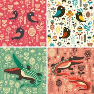 Set of floral seamless patterns with birds and crocodiles