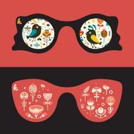 Set of hipster sunglasses with colorful birds and flowers