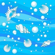 Seashells on a background of blue waves