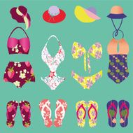 Summer colorful set of flip-flops and swimsuits isolated - Illustration