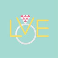 Wedding silver ring with polygonal pink diamond Word love Flat