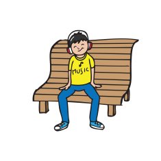 Boy sit on bench listen music N2