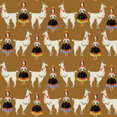 Lama Alpaca and knitting Peruvian woman Seamless background pattern