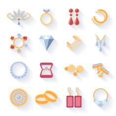 Earrings rings cufflinks and necklaces flat icons
