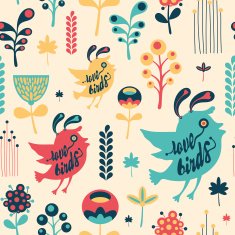 Colorful floral seamless pattern with love birds
