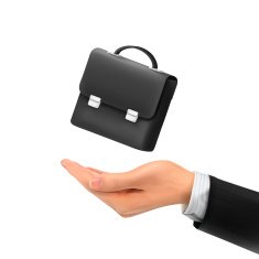 3d hand holding black leather briefcase