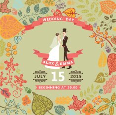 ute wedding invitation with bride groom autumn leaves
