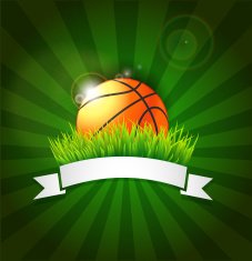 Basketball ball on field grass with white ribbon