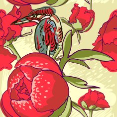 Seamless floral background with peonies bird