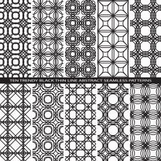 Set of Trendy Vintage Black Thin Line Seamless Pattern Backgrounds