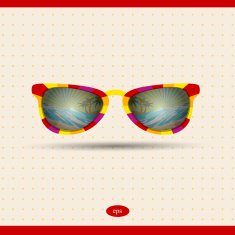 Retro sunglasses with tropical islad reflection Summer background illustration