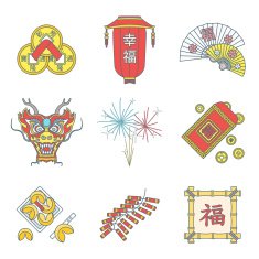 colored outline chinese new year icons set