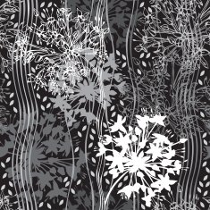 Monochrome seamless pattern of abstract flowers on black background