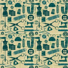Green and blue seamless pattern with sewing tailoring elements
