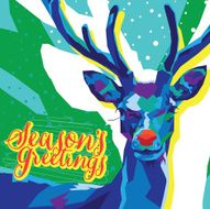 Geometric Reindeer on Blue with Seasons Greetings Text