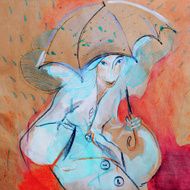 Girl walking in warm rain drawing on paper