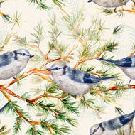 seamless texture with cute birds on pine branch watercolor