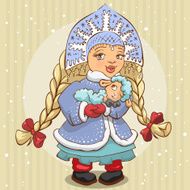 Snow Maiden in blue fur coat holds a lamb N2