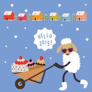 Holiday card with cartoon sheep and sweets