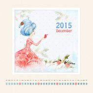Calendar for december 2015 with girl watercolor painting N2