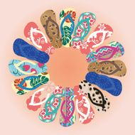 Summer colorful flipflops in circle isolated