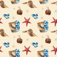 Seamless pattern with beach bag shoes sunglasses and a coconut N5