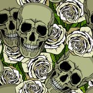 Seamless pattern with skulls and white roses