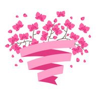 Tropical background with stylized orchid flowers and ribbon