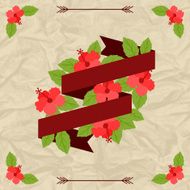 Tropical background with stylized hibiscus flowers and ribbon