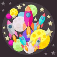 Bright colored vector space cover with colorful planets and spaceships
