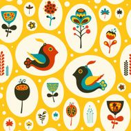 Seamless pattern with birds and flowers on yellow background