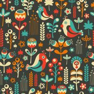 Colorful seamless pattern with happy birds and flowers